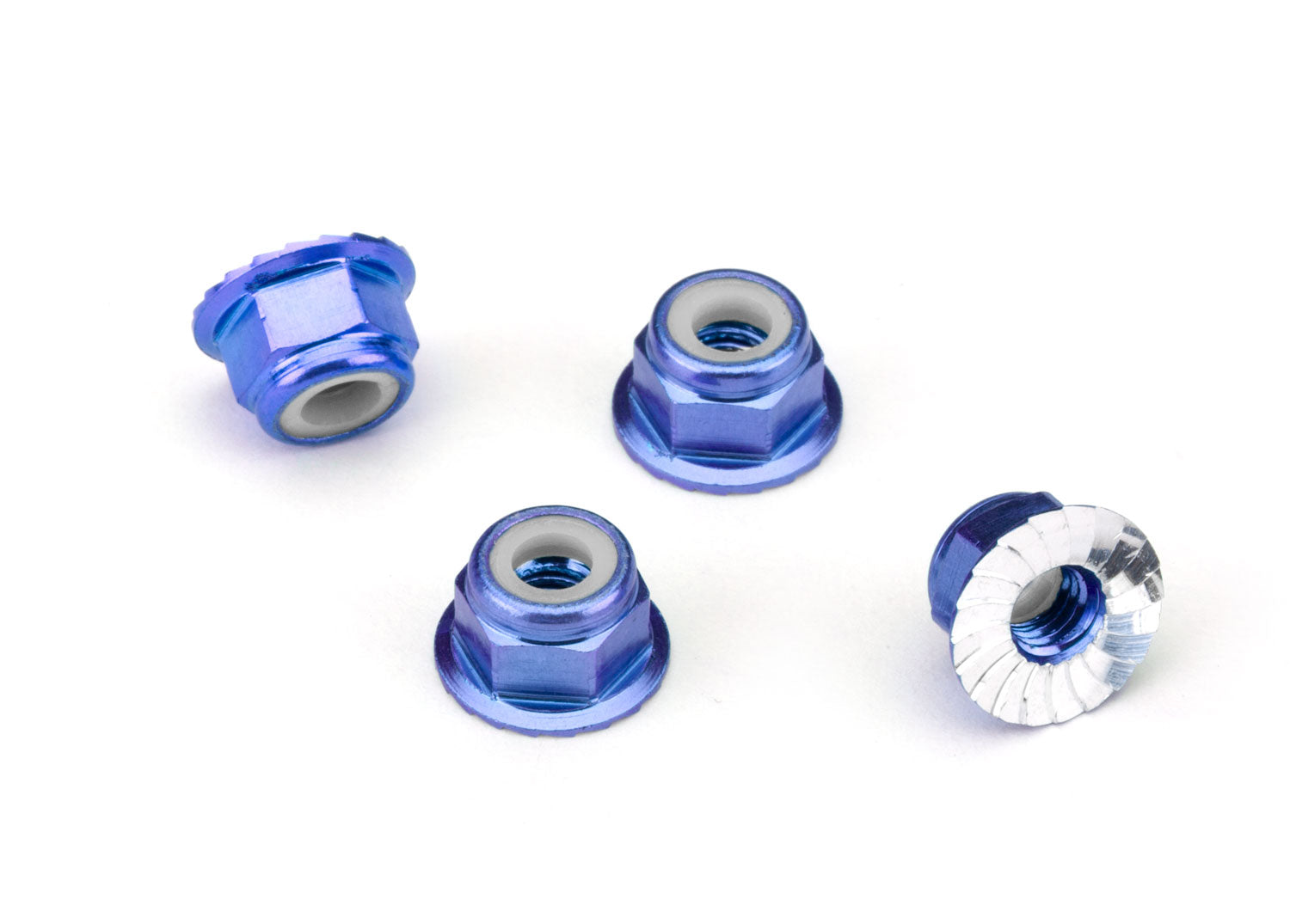 Traxxas 4mm Aluminum Flanged Serrated Nuts (Blue) (4)