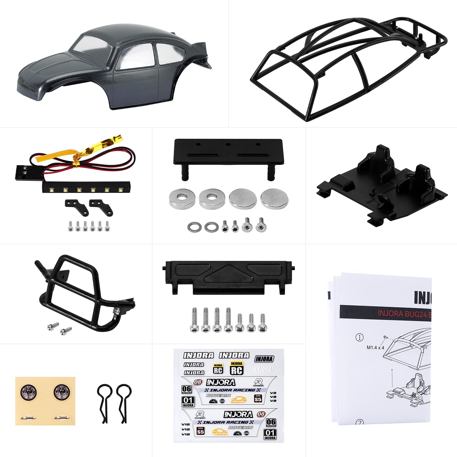 INJORA BUG24 Body With Interior For 1/24 SCX24 C10 JLU Bronco Base Camp (Grey)