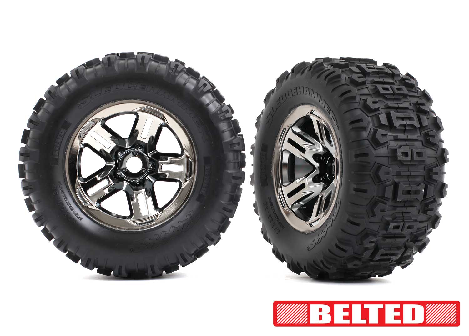 Traxxas Sledgehammer Belted 3.8" Pre-Mounted Monster Truck Tires (Black Chrome) (2) w/17mm Splined Hex