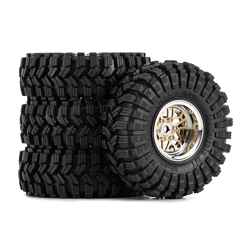 Injora 1.0" Deep Dish Aluminum Micro Crawler Beadlock Wheels w/Swamp Claw Tires (S5) (Gold/Chrome) (4) (37g ea) (62mm OD)