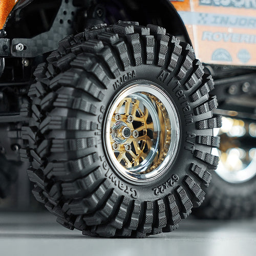 Injora 1.0" Deep Dish Aluminum Micro Crawler Beadlock Wheels w/Swamp Claw Tires (S5) (Gold/Chrome) (4) (37g ea) (62mm OD)