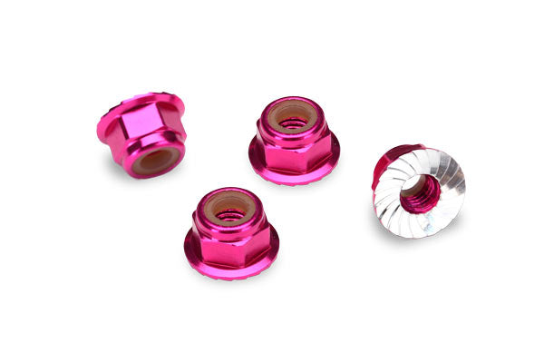 Traxxas 4mm Aluminum Flanged Serrated Nuts (Pink) (4)